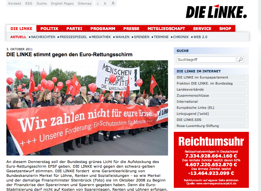 Auch bei den Linken dominiert der EU-Rettungsschirm den Web-Auftritt der Partei (Screenshot: Website "Die LINKE")